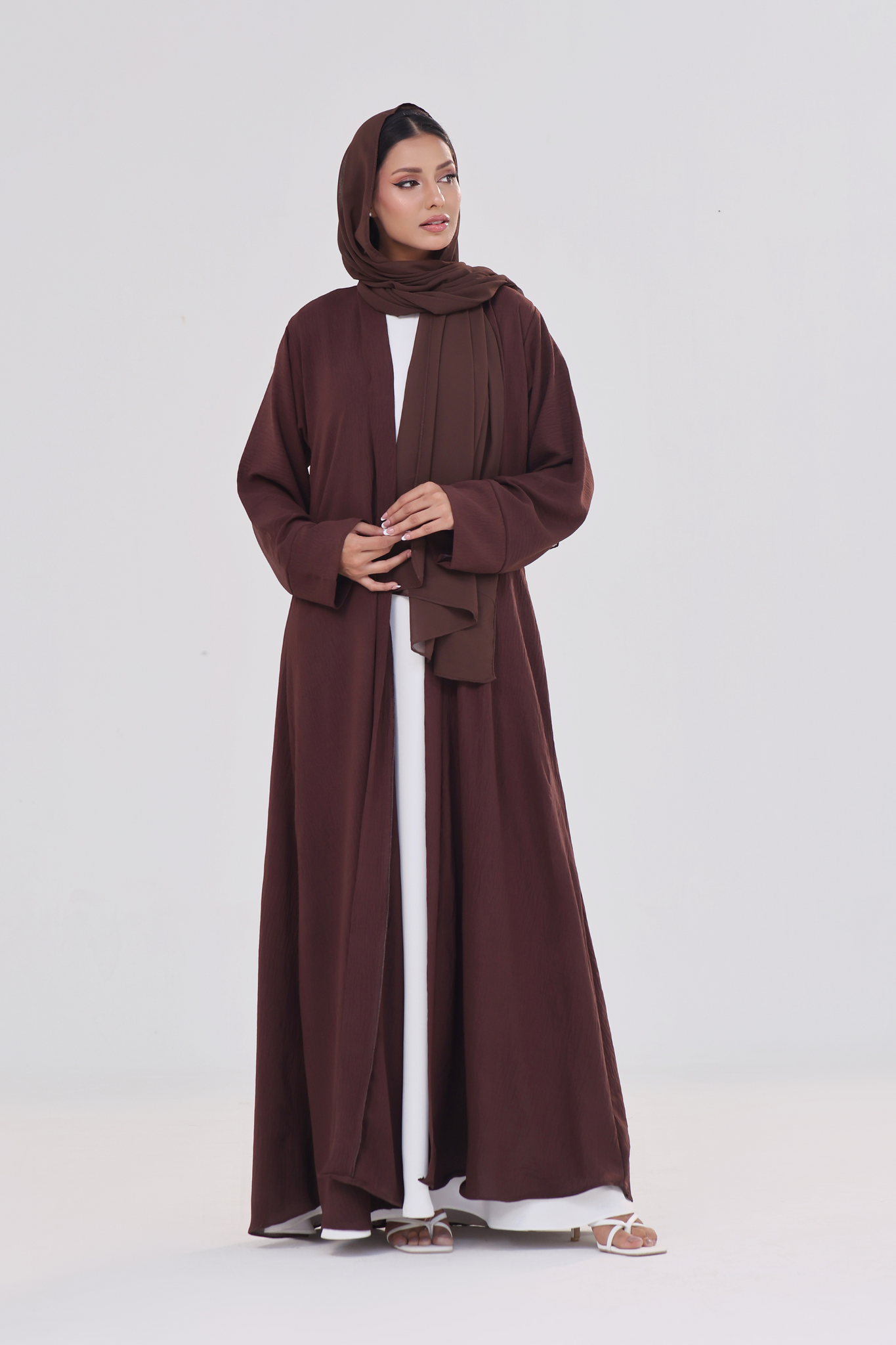 Classic Textured Kimono Abaya - Deep Brown