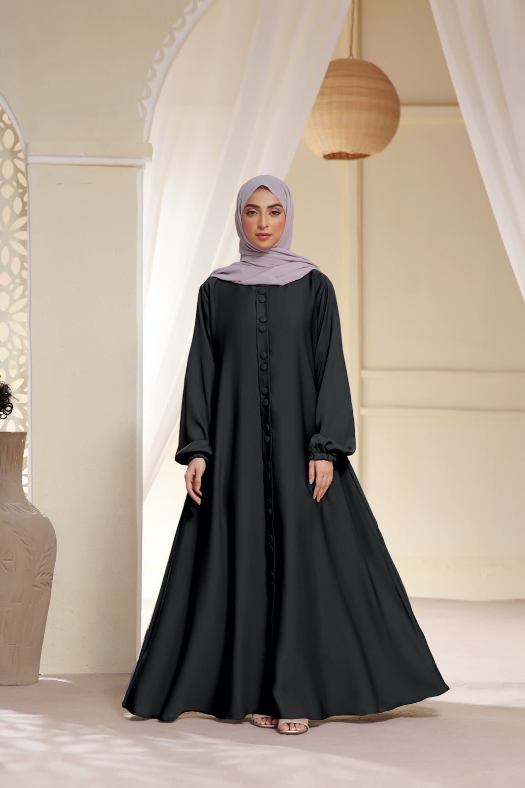 Button Detail Maxi Abaya In Black