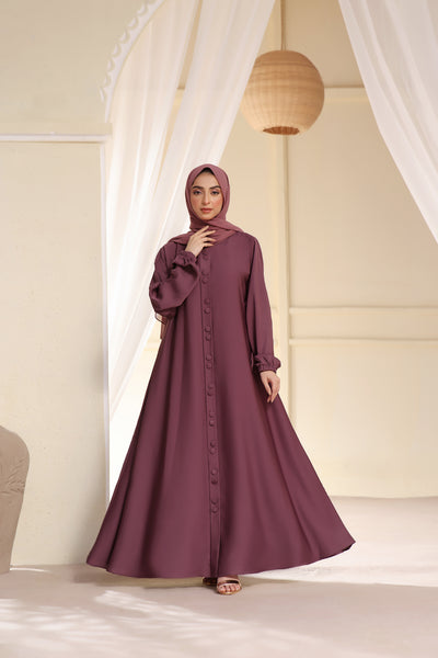 Button Detail Maxi Abaya In Rum Raisin