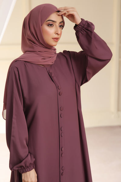 Button Detail Maxi Abaya In Rum Raisin