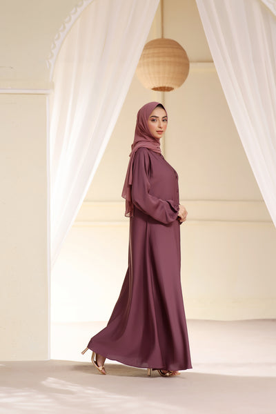 Button Detail Maxi Abaya In Rum Raisin